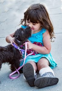Girl pet a dog